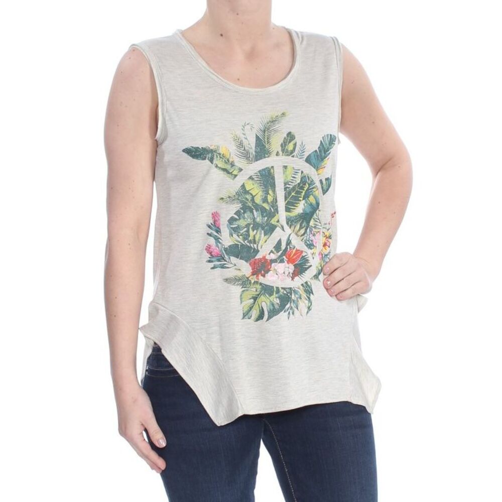 JESSICA SIMPSON Womens Beige Peace Sign Tank Sleeveless Scoop Neck Top S